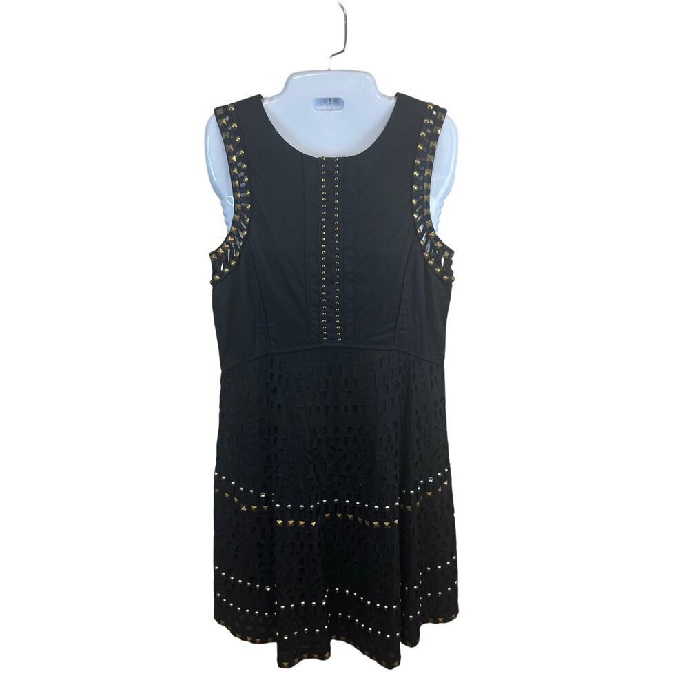 Tory Burch Black Eyelet Short Dress Brass Silver Stud Embellished Women's 4